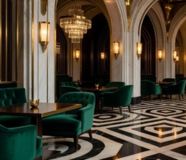 Art Deco stílusú éttermi enteriőr mélyzöld bársonnyal és arany díszítéssel
