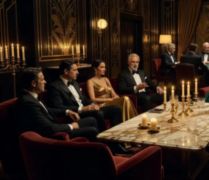 Elegáns kaszinóest Panno Nexa étteremben, Art Deco enteriőrrel és játékasztalokkal.