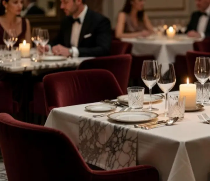 Gyertyafényes, elegánsan megterített asztal a Panno Nexa éttermében.