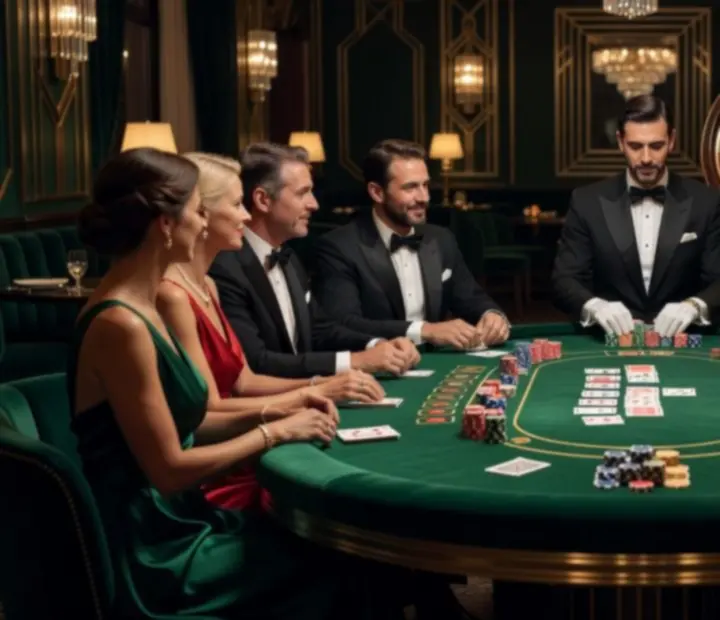 Elegáns póker-, rulett- és blackjack asztalok gyertyafényes, Art Deco ihlette Panno Nexa enteriőrben, elegáns vendégekkel
