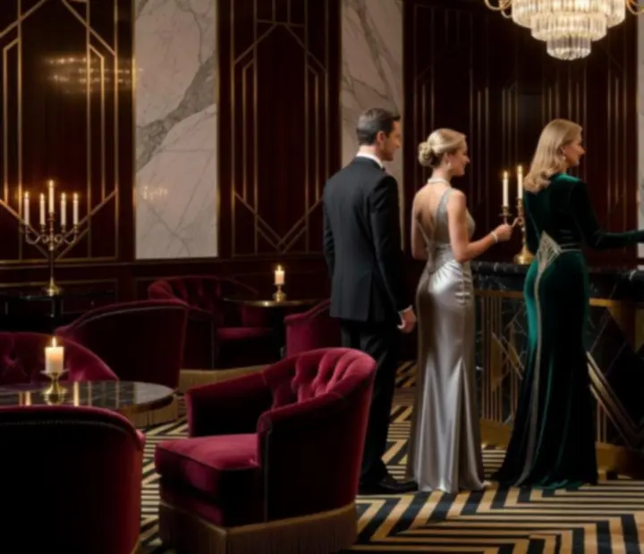 Art deco stílusú recepciós pult a Panno Nexa étteremben, gyertyafényes kaszinó-hangulattal