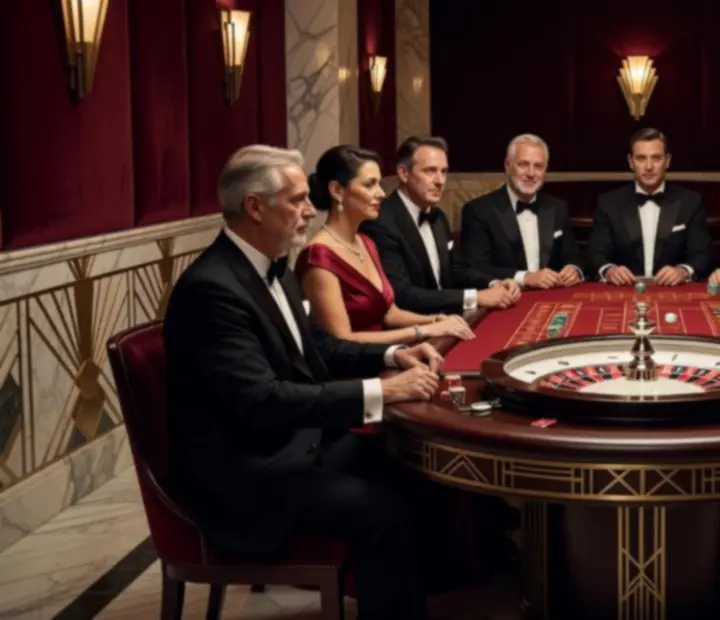 Elegánsan megvilágított rulettasztal, körülötte elegánsan öltözött vendégekkel.