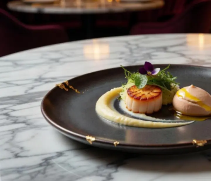 Művészien tálalt gourmet fogás a Panno Nexa aláírt kóstoló menüjéből, art deco stílusú asztalon